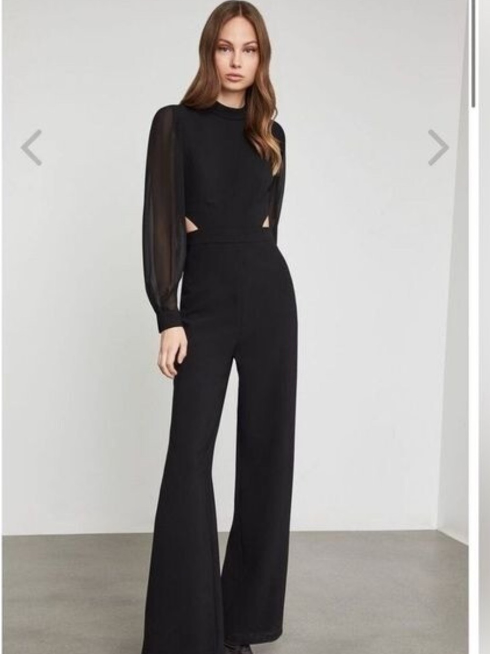 BCBGMaxAzria Black Mock-Neck Wide-Leg Jumpsuit with Sheer Long Sleeves